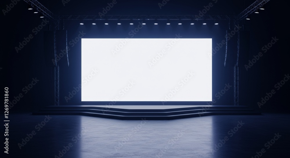 Poster empty stage with bright screen display - an empty stage featuring a bright illuminated screen, dark 