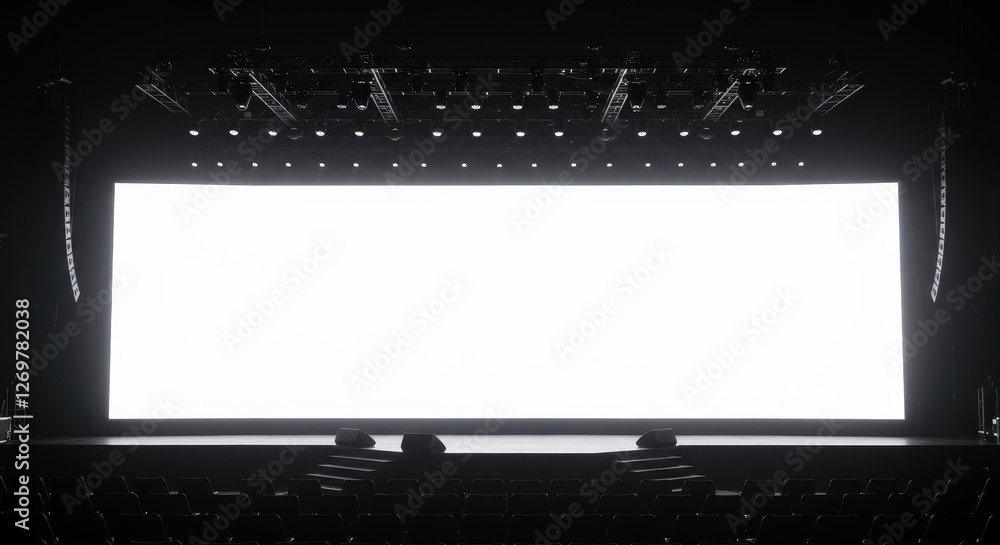 Poster bright stage with blank screen and lighting - an empty stage with a large blank screen, focused ligh