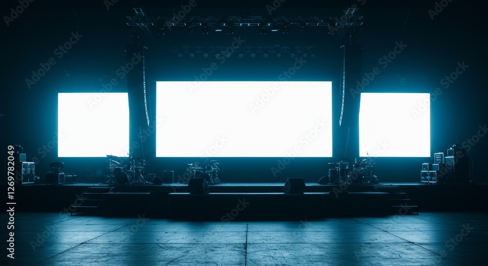 Poster stage setup with blank screens for performance - an empty stage with three large blank screens, illu