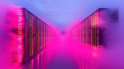 Pink-lit server room, data center, futuristic tech