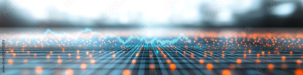 Poster abstract network connectivity. big data visualization with glowing grid, lines, and dots.