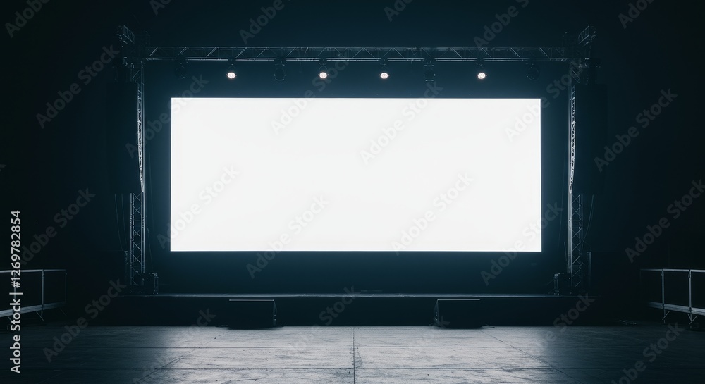 Poster empty stage with blank screen for presentation - this features a large blank screen on a stage with 