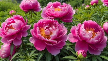 Pink peony flowers with a flower garden outdoor background
