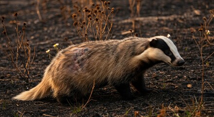 Fototapeta premium Badger in a Burnt Landscape - A badger traversing through a charred landscape recovering from recent forest fires, symbolizing resilience, survival, nature recovery, wildlife adaptation