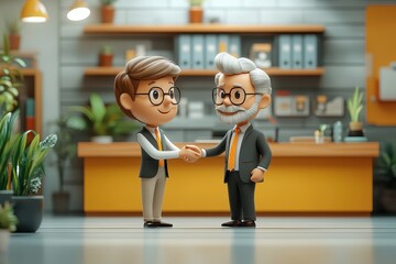 Two cartoon characters shaking hands in a bright office environment showcasing teamwork and collaboration