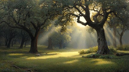 Obraz premium Sunbeams illuminate a tranquil forest clearing with ancient trees and lush grass.