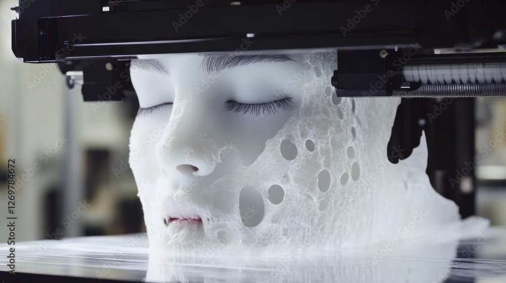 Aufkleber a three dimensional printer creates a female face layer by layer