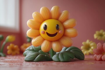 Colorful smiling flower with a happy face in a playful indoor environment surrounded by additional floral decorations