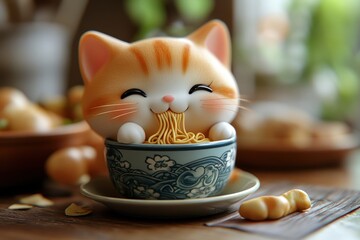 Small orange cat figurine happily eating noodles from a decorative bowl in a cozy kitchen setting