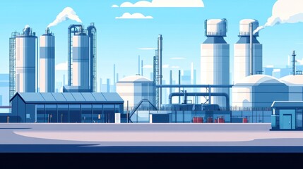 Industrial Complex Cityscape Showing Large Factories and Silos
