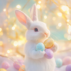 Playful Easter bunny holding vibrant Easter eggs for a Whimsical Festive Purple Easter scene