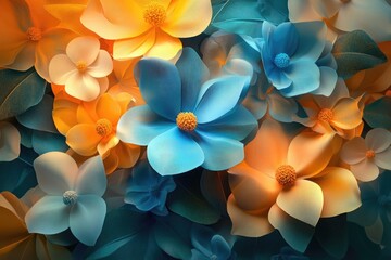 3D render of an abstract floral composition with flowers and leaves