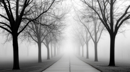 Obraz premium foggy forest path lined with symmetrical, bare trees fades into mist, creating mysterious and serene atmosphere. monochrome tones enhance eerie yet peaceful mood of scene