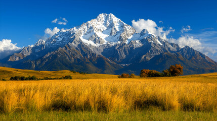Fototapeta premium Majestic snow-capped mountain autumnal field landscape