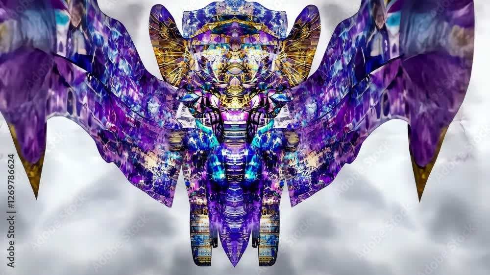 Poster abstract depiction of an elephant with vibrant colors and intricate patterns against a cloudy backgr