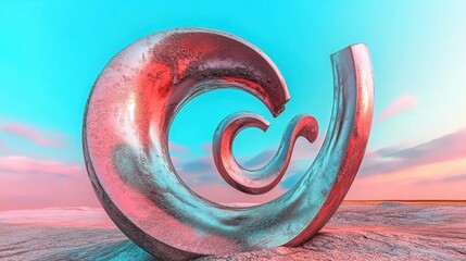 Abstract Sculpture: Modern Art Installation with Metallic Wave Design in Surreal Landscape