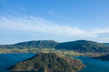 Lake Salagou in Europe, France, Occitanie, Herault, Clermont l Herault, in summer, on a sunny day.