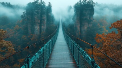 Obraz premium Misty Mountain Suspension Bridge Autumn Hiking