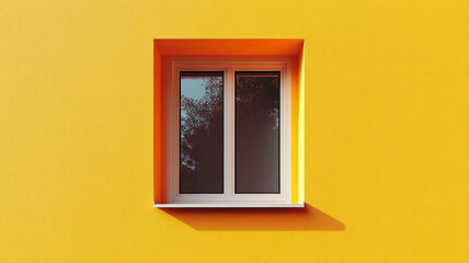 Window on a bright yellow wall casting a shadow.