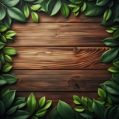 Wood background with a frame of spring leaves with flowers and copy space