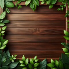 Wood background with a frame of spring leaves with flowers and copy space