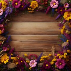 Wood background with a frame of spring leaves with flowers and copy space