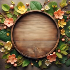 Wood background with spring leaves with flowers and copy space