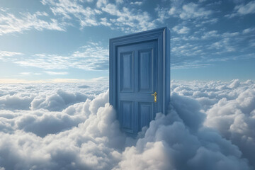 Heavenly door floating above a sea of white clouds with a serene blue sky in the background