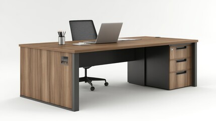 Fototapeta premium Modern office desk setup with chair and laptop shown