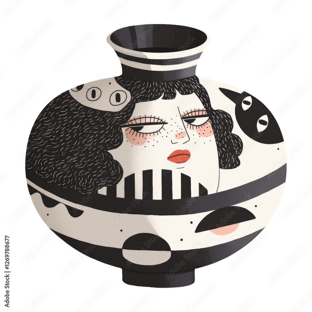 Poster decorative ceramic vase with unique artistic design featuring abstract faces and geometric patterns 