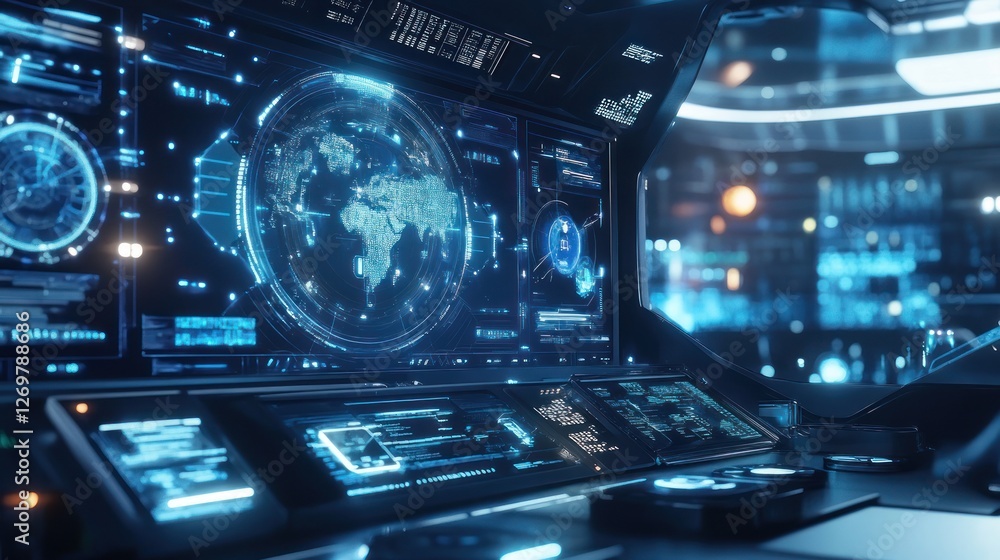 Poster futuristic cockpit interface with global map and advanced technology