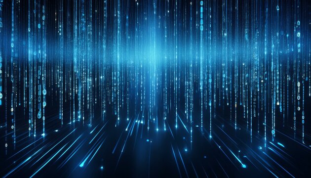 a high tech image showing blue digital code rain with binary numbers streaming down a dark background symbolizing technology