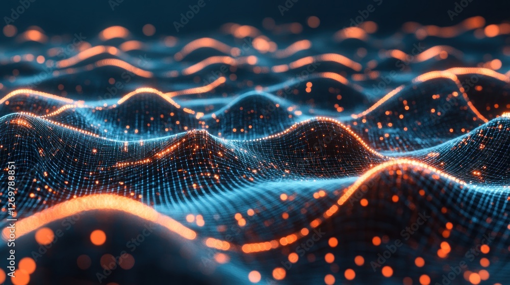 Poster abstract data visualization of glowing particles on wavy grid landscape