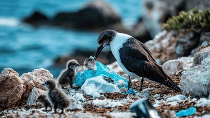 Fototapeta premium A seabird feeds a chick a piece of plastic amidst trash on a rocky shore, emphasizing the impact of pollution on wildlife