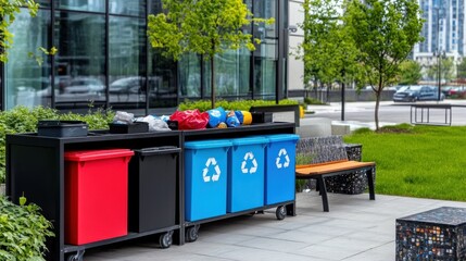 Recycling bins labeled for plastic, paper, and metal are prominently displayed in a contemporary urban park, promoting eco-friendly practices
