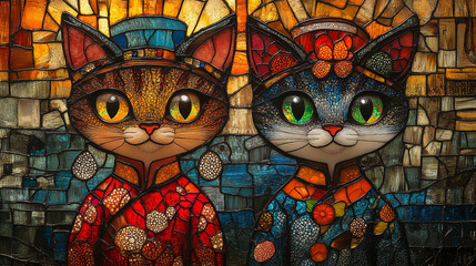 A stunning stained glass artwork featuring two elegant cats dressed in intricate, colorful attire with jewel-like eyes, set against a mosaic background.  
