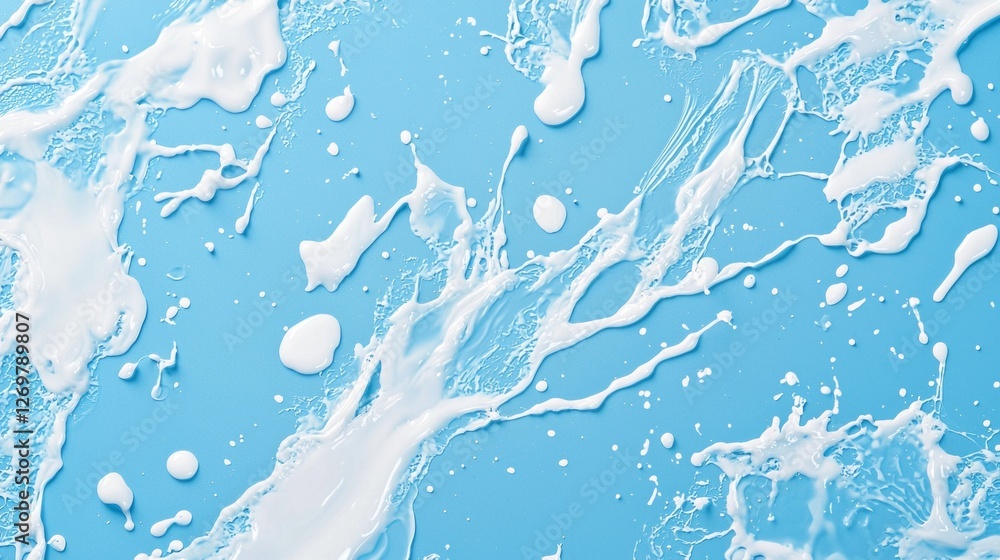 Poster a stunning splash of milk erupts in various shapes against a vibrant blue backdrop, capturing the mo