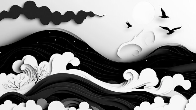 Majestic waves crash in a dramatic black and white landscape under an ethereal moonlit sky A stunning wave of crystal-clear water cresting against a dark background, capturing a moment of dynamic moti