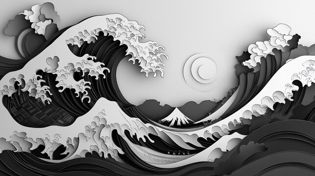 Majestic waves crash in a dramatic black and white landscape under an ethereal moonlit sky A stunning wave of crystal-clear water cresting against a dark background, capturing a moment of dynamic moti