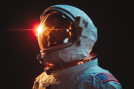 Astronaut in a space suit illuminated by a flare in a dark environment showcasing advanced gear and the American flag