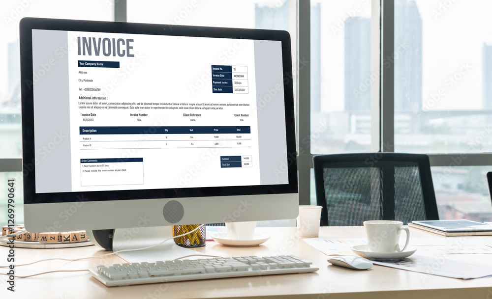 Poster invoice on computer screen from accounting application. computer program for financial and budget of