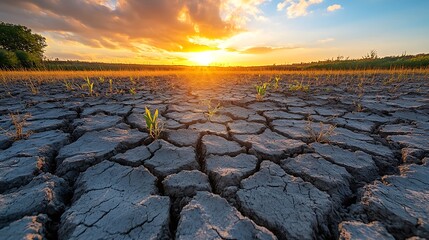 Vast barren land with deep cracks and struggling crops showing the effects of climate change