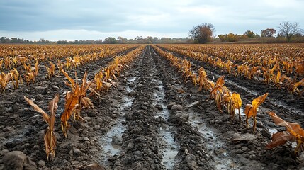 Dry agricultural field with wilted plants barely surviving in harsh drought conditions