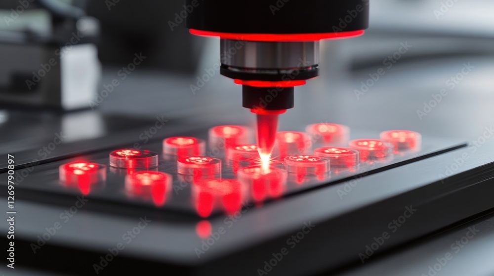 Poster laser engraving precision components with red illumination