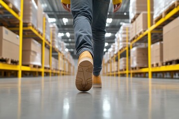 A logistics center worker walking through a clean, modern warehouse with organized rows of storage bins
