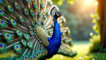 Obraz premium Majestic Indian Peacock Displaying Colorful Feathers in Natural Setting