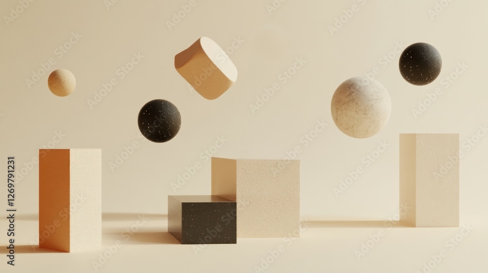 Poster Abstract shapes float above minimalist beige blocks