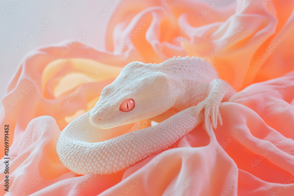 Poster white leopard gecko resting on soft coral fabric in a serene indoor setting with soft lighting