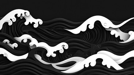 The Great Wave: A powerful and evocative paper sculpture of the iconic Great Wave of Kanagawa.  Clear Plain Shiny Soft Vintage Bokeh Cloudy Wave Like Geometric Black Background or Texture