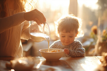 Mother Pouring Milk into Child’s Cereal Bowl